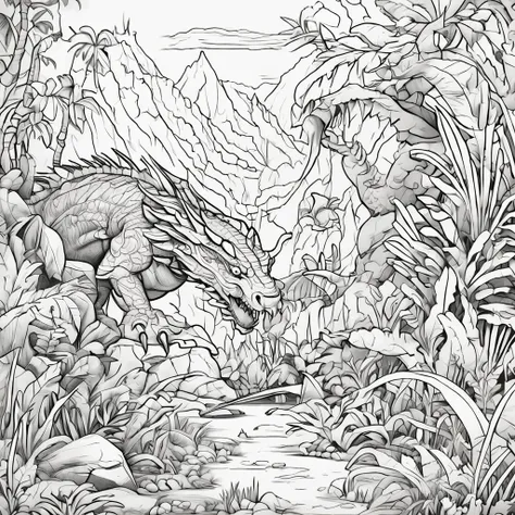 Coloring page, no color, dragon in a jungle, cartoon style, no detail, no shading, no color, no shadow, low detail