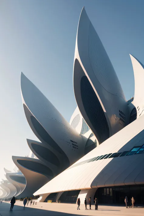 Large futuristic building in tulip shape, inspiration Zaha Hadidi,