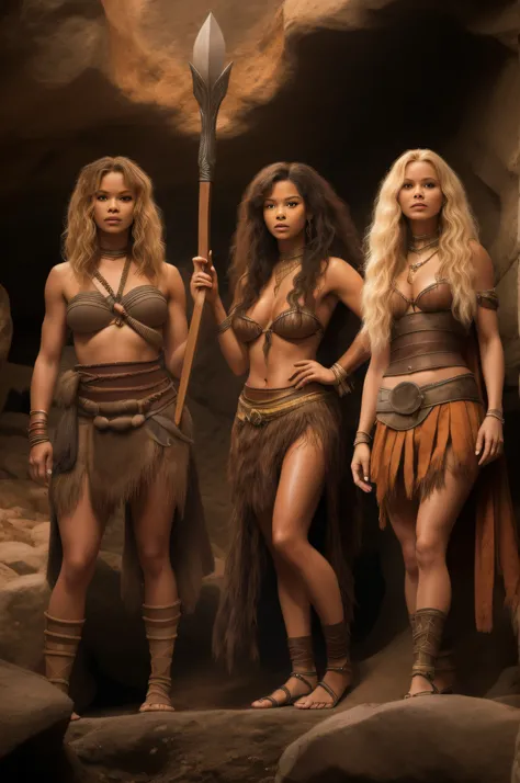 The black-haired Zendaya, the red-haired Michelle Pfeiffer, and the blond-haired Jennifer Lawrence are three Amazon women, all tanned slender beautiful prehistoric women, with large breasts, half-naked dressed in prehistoric narrow tops and loincloths of 1...