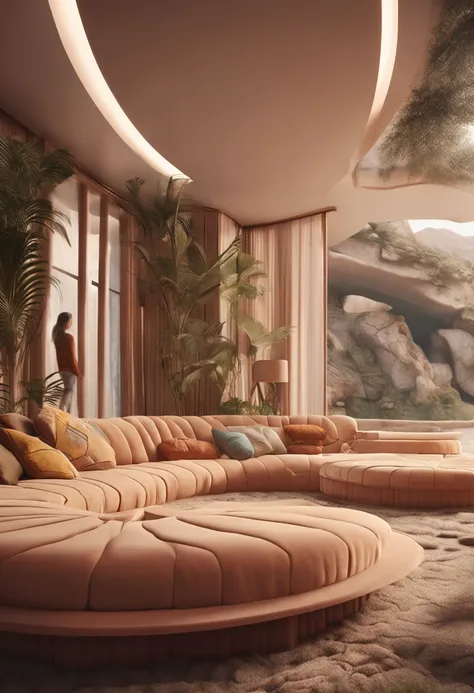 sunken living room conversation pit 70s, retrofuturism interior design, imaginary 3d dreamy 8k blender architecture render, neutral beige color scheme --ar 2:3 --q 2 --v 5