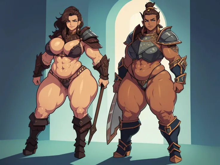 "high quality, strong and fierce orc barbarian with boots with dark brown skin, well-defined muscular legs and large hips" ((fullbody)) ((((tall)))) (((barbarian armor))) ((earring)) (solo)