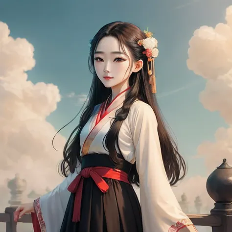 Hanfu beauty，Long black hair，largeeyes，Cherry small mouth，sky blue long skirt，Sweet and cute