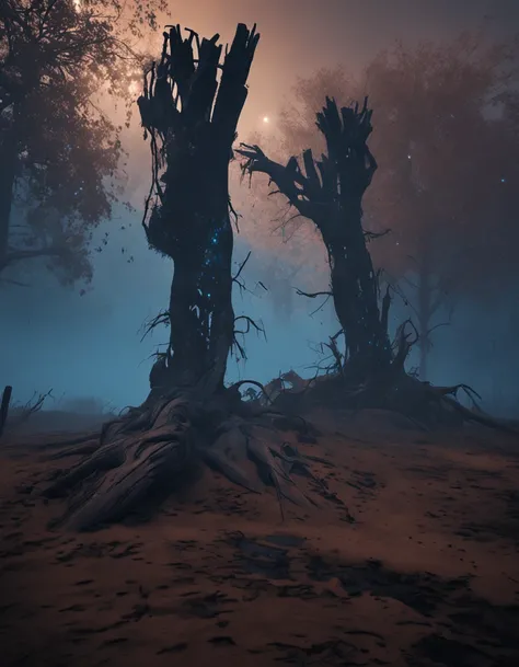 Two crows on a dead tree, A shadow shaped like a walker, Starry night, Thick fog on the ground, Blue light on the horizon, Unreal Engine 5, Cinematic, low angle photography, Motion blur, Depth of field, Dust, Cobblestones and dirt. Splash Art, dripping pai...