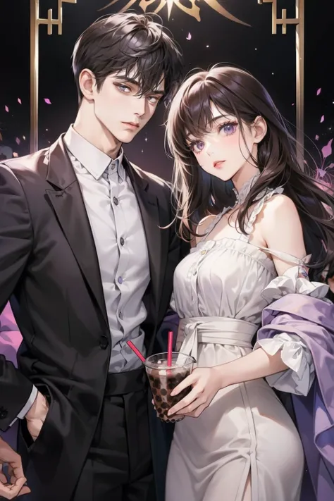 Couple, 1 girl 1 boy, different hair color, long black bang hair and purple eyes, short brown hair and grey eyes, side by side, bubble tea