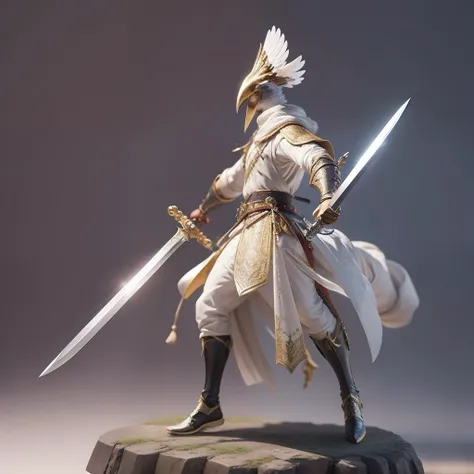 bird swordman,  holding sword, battle stance, detailed, masterpiece, fantasy