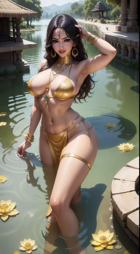 Sunny Leone, as a young and beautiful maiden, completely naked, swimming in a lake, outside an ancient temple, large breasts, gold jewellery,  bindi, long earrings, large necklace, bangles, waistchain, smiling, lotus flowers, large breasts, front view, upp...