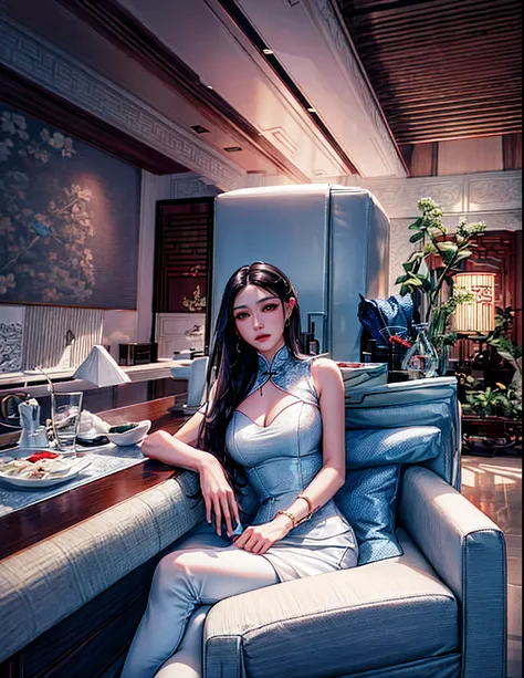 there is a woman sitting in a chair in a room, xintong chen, gorgeous chinese models, wenfei ye, smooth white tight clothes suit, zeng fanzh, jinyiwei, taken in 2 0 2 0, full-body xianxia, xision wu, shaxi, chengyou liu, 21 years old, Lin Qifeng