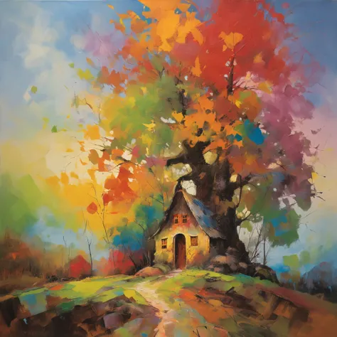 "A towering tree with vibrant rainbow-colored leaves, casting its majestic shadow over an enchanting fantasy village."