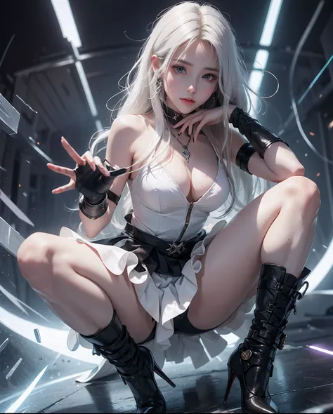 1Beautifulwoman，ff Tifa， X-Menstorm, Lightning is in your hands, Homogeneous symbionts, Venom,, pure white hair, skirt by the,glowing light eyes、Angle from above the knee、Breasts are small and B size、A slender、Cleavage is visible。legs are thin and beautifu...