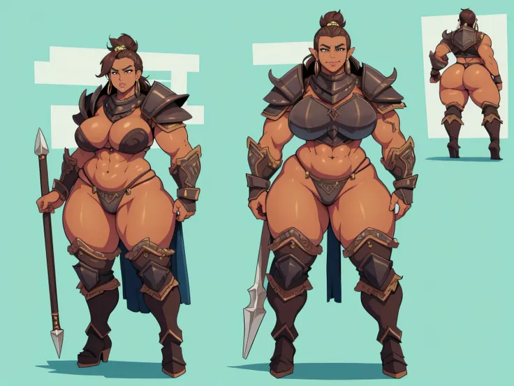 "high quality, strong and fierce orc barbarian with boots with dark brown skin, well-defined muscular legs and large hips" ((fullbody)) ((((tall)))) (((barbarian armor))) ((earring)) (solo)