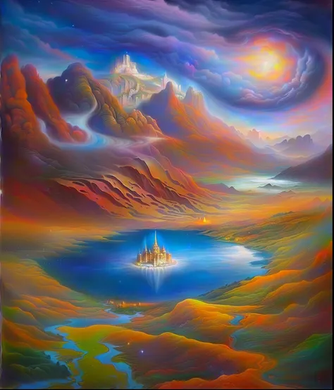 pintura de uma paisagem de montanha com um lago e um castelo, Inspirado em Tomasz Alen Kopera, Painting of a dreamlike landscape, inspirado em Vladimir Kush, symmetrical fantasy landscape, Mystic oil on linen, Fantasy oil canvas, Pintura realista de fantas...