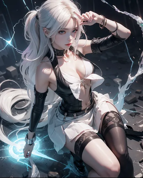 1Beautifulwoman，ff Tifa， X-Menstorm, Lightning is in your hands, Homogeneous symbionts, Venom,, pure white hair, skirt by the,glowing light eyes、Angle from above the knee、Breasts are small and B size、A slender、Cleavage is visible。legs are thin and beautifu...