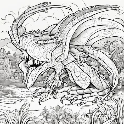 Coloring page for kids, no color, dragon in the sky, cartoon style, no detail, no shading, no color, no shadow, low detail