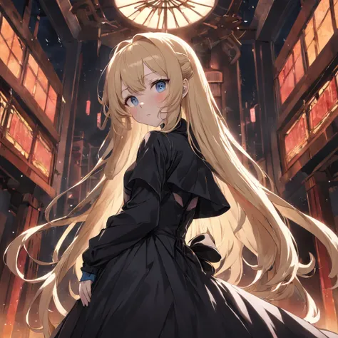 short girl with a large and long puffy black dress with long sleeves, pale sickly skin, long black gloves, very light blond long hair slightly covering her face, empty and tired eyes