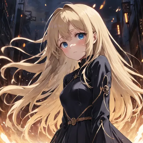 short girl with a large and long puffy black dress with long sleeves, pale sickly skin, long black gloves, very light blond long hair slightly covering her face, empty and tired eyes