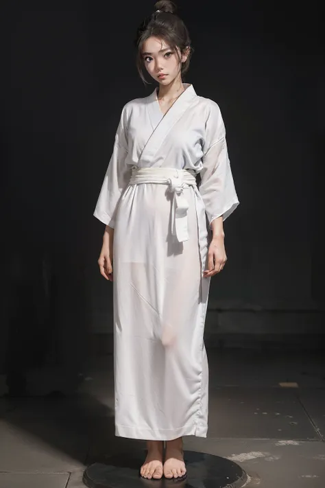 The light is gentle，1 girl in a gray yukata，white sash，burlap，Female prisoners，With a petite figure，brunette color hair，hair-bun，Stand in a gloomy prison，stand posture，Full body like，Painful expression，is shy，Clothing covers the whole body，folds，solid colo...