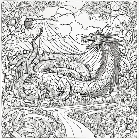 coloring page for kids, sem cor, dragon in the sky, estilo dos desenhos animados, sem detalhes, sem sombreamento, sem cor, sem sombra, baixo detalhe