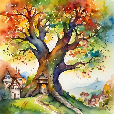 "A towering tree with vibrant rainbow-colored leaves, casting its majestic shadow over an enchanting fantasy village."