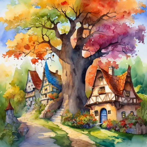 "A towering tree with vibrant rainbow-colored leaves, casting its majestic shadow over an enchanting fantasy village."