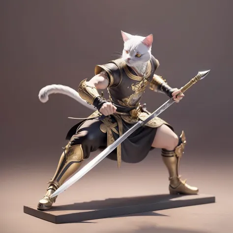 cat swordman,  holding sword, battle stance, detailed, masterpiece, fantasy