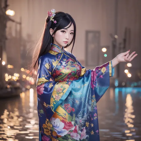 A beautiful chinese woman dressed in chinese design clothes, standing on a wet surface ground,  with chinese designed sculptures in the background with the moonlight and night sky full of stars, chinese designed instruments in the scene, with iridescent li...