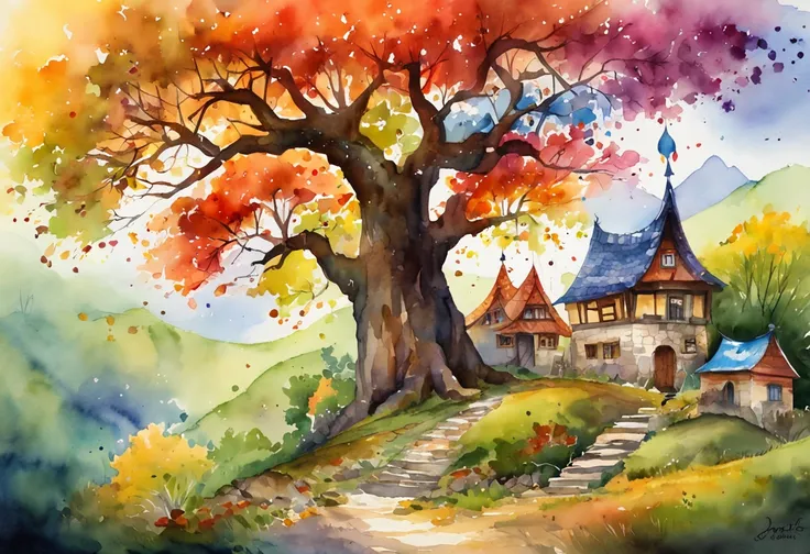 "A towering tree with vibrant rainbow-colored leaves, casting its majestic shadow over an enchanting fantasy village."