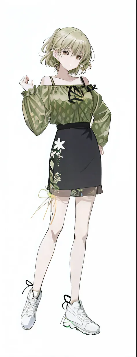 Anime girl in green shirt and black skirt with white background, clothing design, anime full body illustration, Full body illustration, wearing dresses, full body portrait of a short!, rena nounen style 3/4, Style anime, girls frontline style, wearing hone...