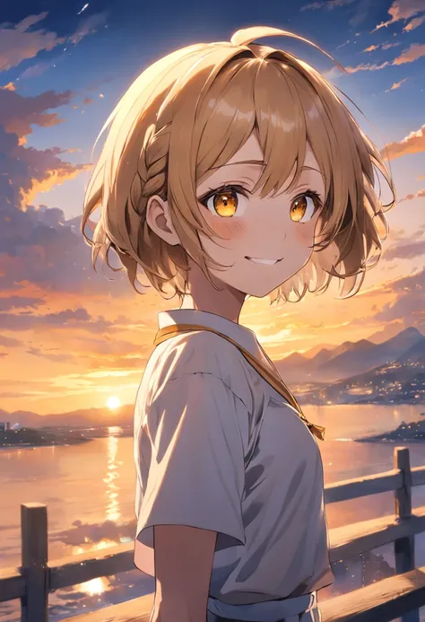 masutepiece, Best Quality,Ultra Detail, absurderes,  (Medium short hair、short braided hair),Beautiful detailed yellow eyes , (Clear department), (a panoramic view:1.3),(Sense of depth:1.5),(longshot:1.3),Smile,golden brown eyes,Ahoge、Mare、Sunset、evening gl...