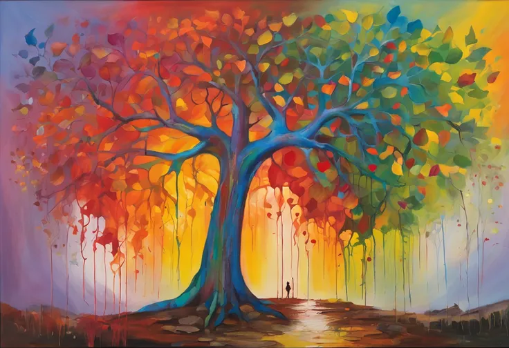 "A towering tree with vibrant rainbow-colored leaves, casting its majestic shadow over an enchanting fantasy village."