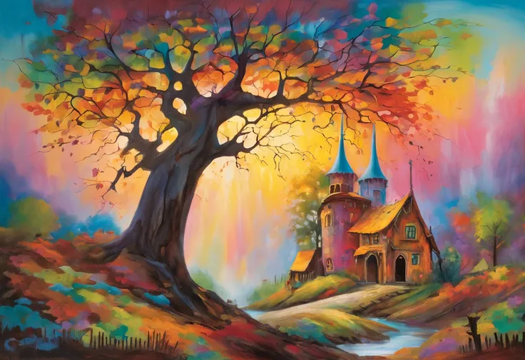 "A towering tree with vibrant rainbow-colored leaves, casting its majestic shadow over an enchanting fantasy village."