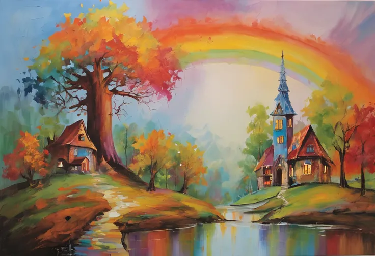 "A towering tree with vibrant rainbow-colored leaves, casting its majestic shadow over an enchanting fantasy village."