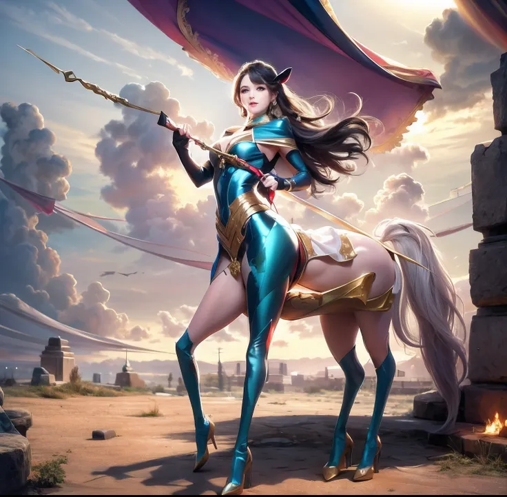 Centaur Girl，4 legged，perfect body figure，The horses waist is wrapped with a ribbon，18yr old，Ideal female height 1.89 meters，chest circumference、The waist to hip ratio is 20×30×20 cm，Light blue and white hair，Eyes do not wear tight clothes half-elves