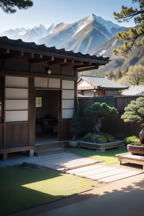 In an open yard of your own, in the yard, there are black pine bonsai, azalea bonsai, red leaf bonsai, and the owner of the yard is pruning the bonsai, the bonsai should have a close-up, the yard is opposite the mountains and streams, and the resulting pic...