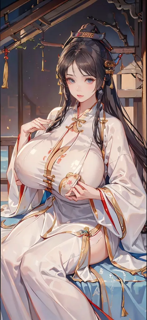 Surface quality best，8K, )，(Close-up)，(Han clothing, Hanfu :1.5)，{26-year-old lactating woman}， (Huge breasts:1.6), (Areola:1.4)，high and cold，Milk dumplings，In a tea house，east asian architecture