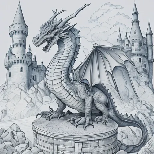 There is a dragon sitting on a stone wall in front of a castle, Detailed dragon, highly detailed magical fantasy, detailed fantasy illustration, Highly detailed illustration, colossal dragon as background, Highly detailed sketch, colossal dragon in backgro...