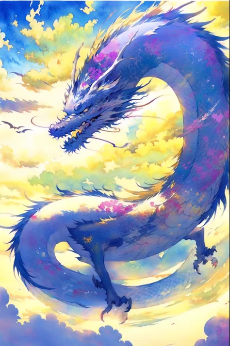 Illustration of a Japan dragon floating in the sky, watercolor paiting, handdraw, realistic sketch, Rough sketch, On paper, Mysterious,