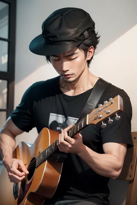 A man with a guitar，Handsome Chinese in a hat，Wear a black T-shirt，Sing with your head down