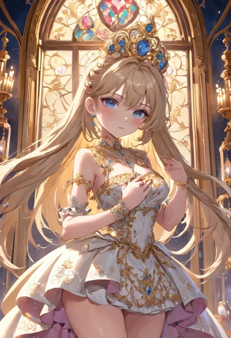 ((anime art style)),(Masterpiece),(Best quality),(Super detail),(Very delicate and beautiful),Solo,((full bodyesbian,stand posture)),Standing in the royal palace,((1 queen in a jeweled rococo dress，Wear it with a voluminous full-length hoop skirt)),(crinol...