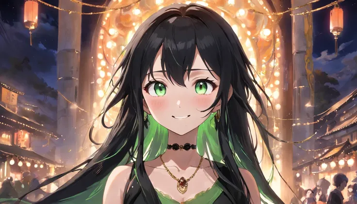 Necklaces and earrings、Smiling girl wearing bracelet and other accessories，She is white and has long black hair and moss green moist eyes.，She is wearing a black dress that shines with accessories.，