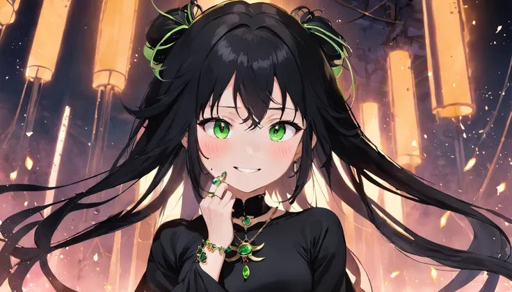 Necklaces and earrings、Smiling girl wearing bracelet and other accessories，She is white and has long black hair and moss green moist eyes.，She is wearing a black dress that shines with accessories.，