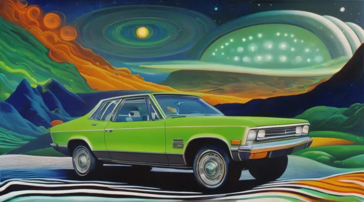 pintura de um carro verde dirigindo em uma estrada com uma montanha ao fundo, neon version of style jim burns, 70s retro scifi art, 7 0 s sci - arte fi, 7 0 s science fiction art, Chris Moore", inspirado em Ed Paschke, Directed by: Ed Paschke, jim warren, ...