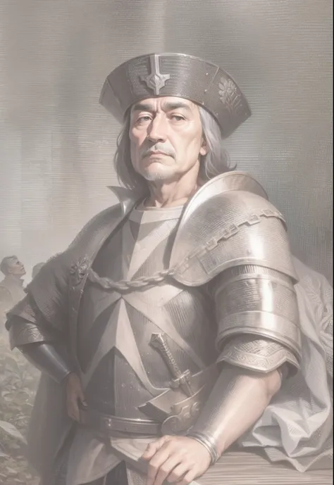 Hugo de Moncada, commander, wearing armour, loser, defeated, ill-fated, escape narrowly, 16th century, renaissance, age of exploration, age of 50, old, man, wrinkle, unhealthy, chubby, fat, afraid, coward