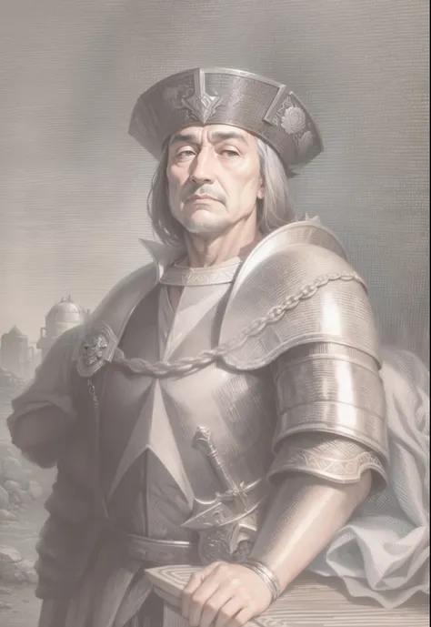 Hugo de Moncada, commander, wearing armour, loser, defeated, ill-fated, escape narrowly, 16th century, renaissance, age of exploration, age of 50, old, man, wrinkle, unhealthy, chubby, fat, afraid, coward