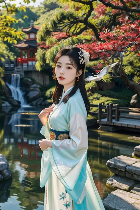 An ancient Chinese beauty standing by the river，中景 the scene is，((face focus,Chinese hair dun)),Wear ancient Chinese clothing，Flowing tulle silk，（Detailed and perfect facial details），（Beautiful and affectionate eyes），Flowing silky hair，Pavilion，the trees，F...