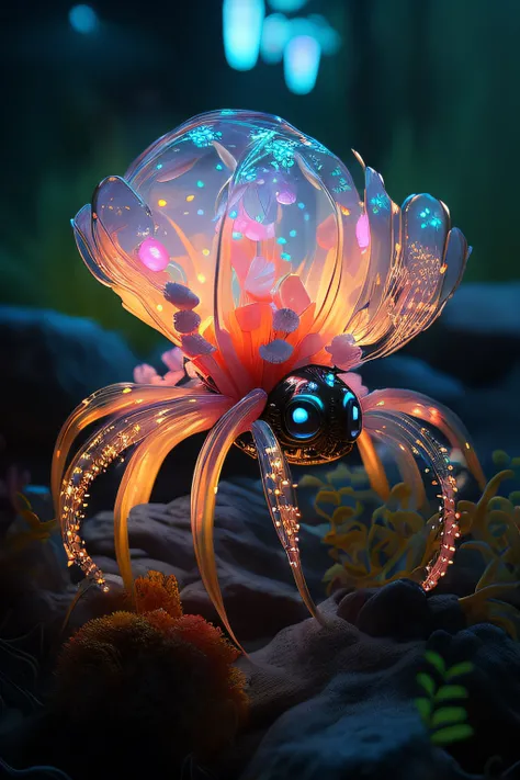 There is a plastic flower glowing in the dark, adorable glowing creature, bioluminiscent creature, fairy fruit. rendering by octane, cyberpunk jellyfish, Glowing lights!! Highly detailed, glowing firebugs, 3 d render beeple, 3 d render stylized, jellyfish ...