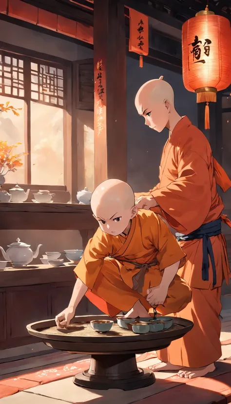 Bald Shaolin Child, en medio de un templo, The boy is seen serving tea on a tray that he carries to the other monks.,