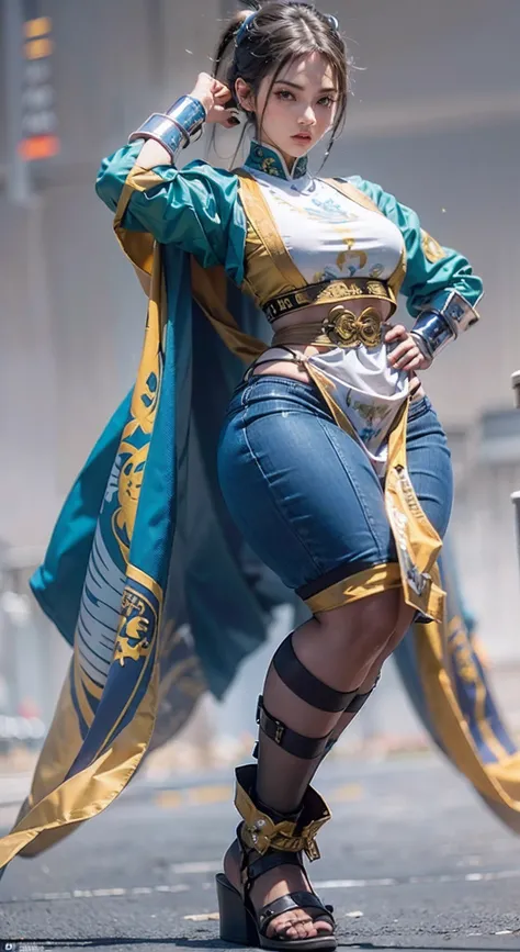 ((1Menina pose de luta, chutando com as pernas arreganhadas)), Menina bonita do mais alto grau baseada na personagem chun li, extremely high quality, A mais alta qualidade de imagem, Top resolution, Fotos RAW, Realistic, Fotorrealista, ultra detalhado e bo...