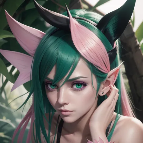 Fey with pink skin has four black eyes and fish ears and green hair