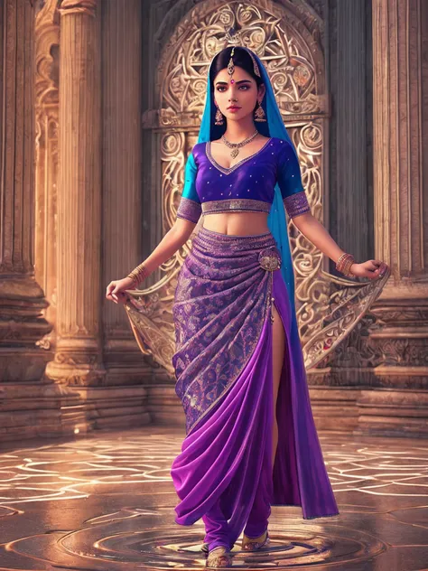 A beautiful indian woman dressed in indian design clothes, standing on a wet surface ground,  with indian designed sculptures in the background with the moonlight and night sky full of stars, indian designed instruments in the scene, with iridescent light,...