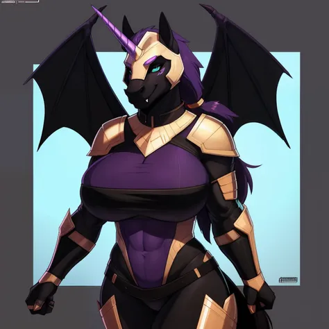 muscular_mature_horse female dark_purple_mane ponytail black_furry_body teal_eyes slit_pupils solo Masterpiece best_quality absurdres highly_detailed heavy_plate_armor helmet cleanly_drawn_eyes fangs bat_wings purple_eyeshadow long_black_unicorn_horn horse...